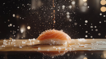 A dynamic image of salmon sushi being dipped into soy sauce, with droplets forming and highlighting the freshness of the fish against the backdrop of a wooden tableの素材