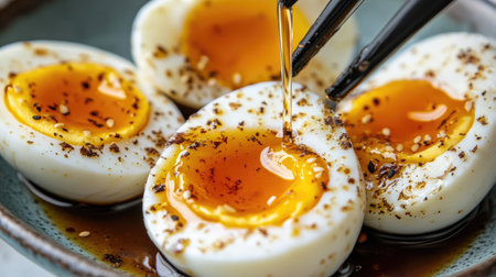 A close-up of marinated eggs being sliced open, revealing the rich, flavorful yolk inside, with a drizzle of soy sauce highlighting the dish's deliciousnessの素材