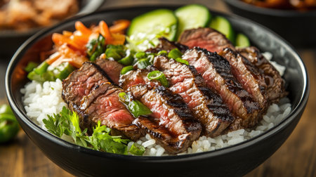 A deliciously arranged steak rice bowl featuring tender grilled beef slices atop fluffy white rice, garnished with fresh vegetables and drizzled with a savory sauceの素材