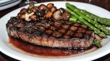 An elegantly plated steak served with a side of sauted mushrooms and asparagus, drizzled with red wine reduction for a fine dining presentation.の素材