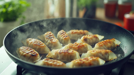 A mouthwatering shot of gyoza being pan-fried, showcasing the crisp texture and golden-brown color against the backdrop of a cozy kitchen environmentの素材