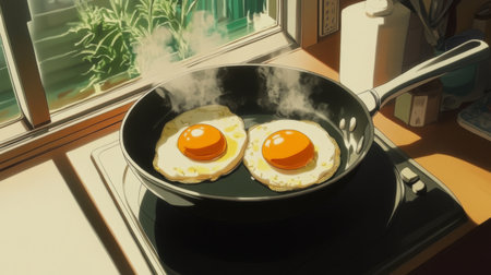 A close-up of a frying pan with two sunny-side-up eggs sizzling in butter, with steam rising, creating a mouthwatering atmosphere in a cozy kitchen.の素材