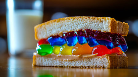 A close-up of a peanut butter and jelly sandwich with colorful jelly oozing out, served on a wooden table with a glass of milk in the background.の素材