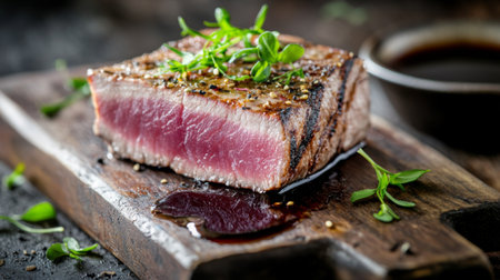 A close-up view of a piece of vibrant tuna sashimi delicately placed on a traditional wooden board, garnished with shiso leaves and a side of soy sauce.の素材