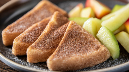 A close-up of sweet cinnamon toast sprinkled with sugar and cinnamon, served on a plate with a side of fresh fruit for a cozy dessert vibe.の素材