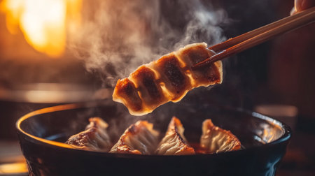 A close-up of steaming hot gyoza being dipped into a rich soy sauce, showcasing the delicate texture and shiny skin of the dumplings, perfect for highlighting their appeal.の素材