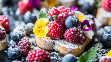 A close-up of honey toast topped with a colorful assortment of berries and a dusting of powdered sugar, creating a vibrant and inviting dessert.の素材