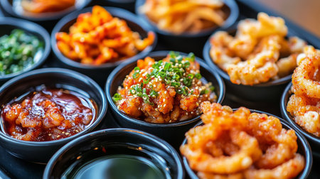 A close-up of Korean spicy squid being served with a colorful array of dipping sauces, highlighting the deliciousness and variety of flavors available for this dish.の素材