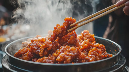 A close-up of Korean fried chicken being served with chopsticks, showcasing the crispy texture and vibrant glaze, perfect for highlighting its deliciousness and appeal.の素材