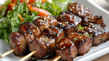 A cozy arrangement of grilled yakitori skewers on a ceramic dish, served with a side of refreshing salad, highlighting a delicious and healthy Japanese meal.の素材