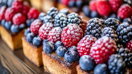 A close-up of honey toast topped with a colorful assortment of berries and a dusting of powdered sugar, creating a vibrant and inviting dessert.の素材