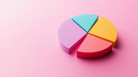 A colorful D pie chart with slices that appear to pop out, set against a contrasting background, showcasing data segments in a visually engaging way.の素材