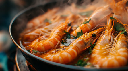 A close-up of hot tom yum soup bubbling in a pot, showcasing plump shrimp and aromatic herbs, with vibrant colors capturing the essence of this classic dish.の素材