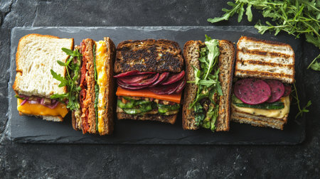 A colorful array of assorted sandwiches displayed on a slate platter, including veggie, club, and grilled cheese, garnished with fresh herbs for a vibrant look.の素材