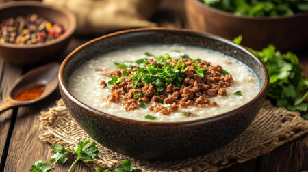 A cozy arrangement of hot rice porridge in a bowl, topped with various ingredients like minced pork and herbs, set against a warm, inviting background.の素材