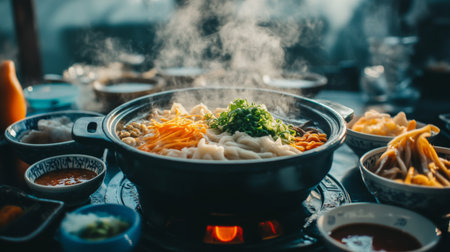 A cozy setting featuring a steaming sukiyaki pot in the center, surrounded by bowls of dipping sauce and fresh ingredients, emphasizing a warm Japanese dining experience.の素材