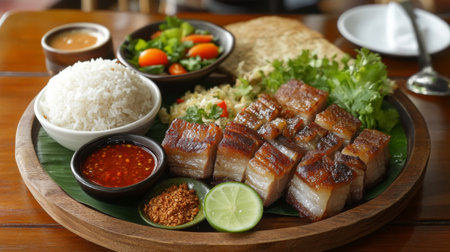 A cozy arrangement of crispy pork belly served with a side of sticky rice and dipping sauces, highlighting a delicious and satisfying Thai meal experience.の素材