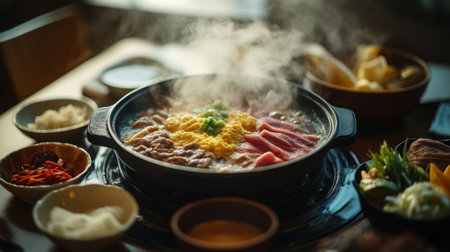 A cozy setting featuring a steaming sukiyaki pot in the center, surrounded by bowls of dipping sauce and fresh ingredients, emphasizing a warm Japanese dining experience.の素材