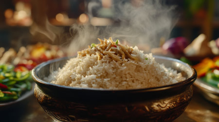 A close-up of freshly steamed jasmine rice piled high in a bowl, with steam rising and a backdrop of vibrant vegetables for a colorful presentation.の素材