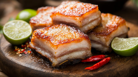 A close-up view of perfectly fried pork belly, showcasing its crispy skin and juicy meat, served on a rustic wooden board with lime wedges and chili slices.の素材