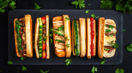 A colorful array of assorted sandwiches displayed on a slate platter, including veggie, club, and grilled cheese, garnished with fresh herbs for a vibrant look.の素材