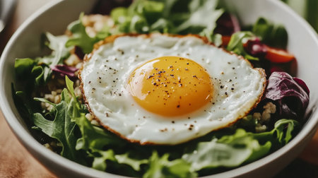 A colorful breakfast bowl featuring a fried egg on top of mixed greens and grains, drizzled with a light vinaigrette for a healthy and delicious start to the day.の素材