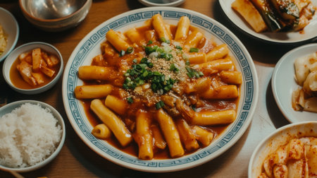 A cozy arrangement of tteokbokki served with a side of pickled vegetables and rice, emphasizing a delicious and satisfying dining experience full of Korean flavors.の素材