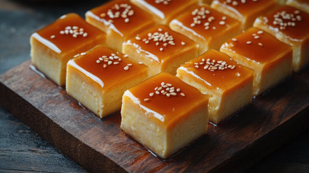A tempting image of sweet egg pudding cut into squares, drizzled with caramel sauce and sprinkled with sesame seeds, served on a rustic wooden board for a cozy appealの素材