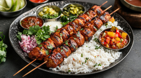 A traditional Indian thali with spicy curry, rice, papadum, and pickles, served on a steel platter with small dishes filled with colorful condimentsの素材