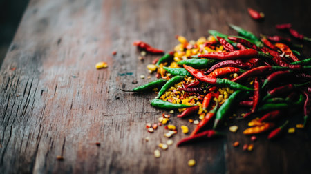 A vibrant arrangement of assorted chili peppers, including red, green, and yellow varieties, scattered on a rustic wooden table, showcasing their natural colorsの素材