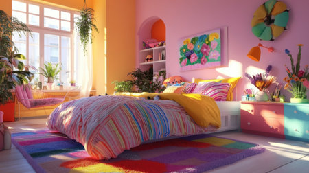 A vibrant bedroom with colorful bedding, playful decor, and cheerful wall art, designed to inspire creativity and joy, bathed in soft morning lightの素材