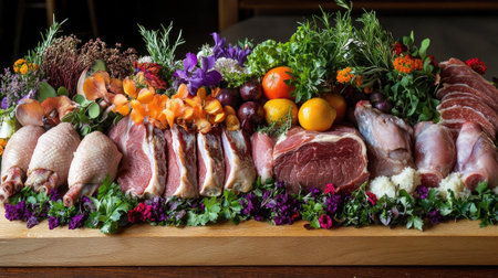A vibrant assortment of raw meats, including chicken, beef, and pork, neatly arranged on a butcher block, with colorful spices and herbs enhancing the presentationの素材