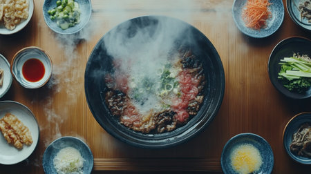 A cozy setting featuring a steaming sukiyaki pot in the center, surrounded by bowls of dipping sauce and fresh ingredients, emphasizing a warm Japanese dining experience.の素材