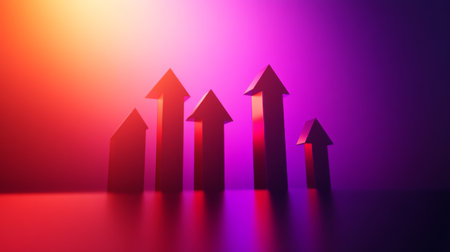 A creative D bar graph design featuring bars shaped like arrows, pointing upward against a gradient background, symbolizing growth and positive financial trends.の素材