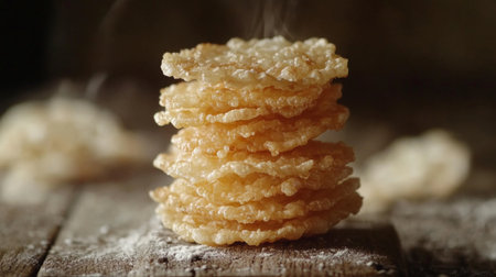 A detailed shot of crispy tempura shrimp stacked on a wooden board, with golden hues highlighted by natural light, showcasing their texture and freshness.の素材