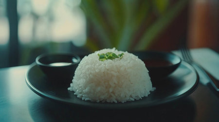 A minimalist shot of perfectly cooked white rice served on a dark ceramic plate, with a small dish of dipping sauce and a sprinkle of green onions for garnish.の素材