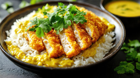 A vibrant display of curry rice with golden tonkatsu, garnished with fresh parsley and served with a small bowl of miso soup, creating an inviting dining experienceの素材