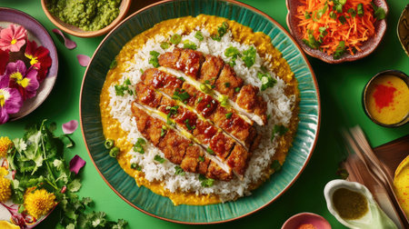 A vibrant plate of curry rice topped with a perfectly fried tonkatsu, surrounded by colorful garnishes, highlighting the delicious harmony of flavors in Japanese cuisineの素材