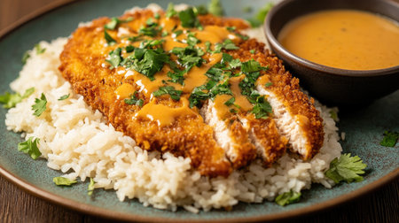 A vibrant display of curry rice with golden tonkatsu, garnished with fresh parsley and served with a small bowl of miso soup, creating an inviting dining experienceの素材