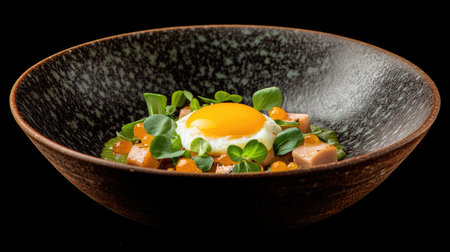A vibrant image of Kurobuta Don topped with a perfectly cooked egg, the yolk oozing over the pork, adding richness to the dish, capturing a tempting momentの素材