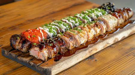 A wooden board filled with a variety of grilled pork ribs, each with different marinades and sauces, showcasing the diverse flavors and textures of the dishの素材