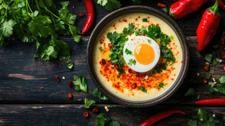 A vibrant presentation of steamed egg custard topped with a soft boiled quail egg, set on a wooden table adorned with fresh herbs and colorful chili peppersの素材