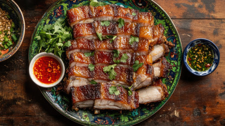 A vibrant plate of crispy fried pork belly garnished with fresh herbs and served with a colorful array of dipping sauces, ready for a delicious feastの素材