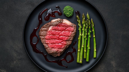 Close-up of a medium-rare steak sliced open, revealing a pink center, drizzled with rich red wine sauce, placed on a dark plate with asparagus on the sideの素材