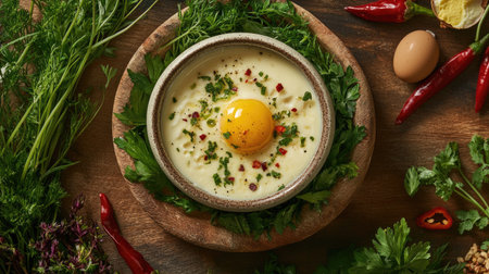 A vibrant presentation of steamed egg custard topped with a soft boiled quail egg, set on a wooden table adorned with fresh herbs and colorful chili peppersの素材