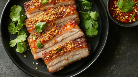 Crispy pork belly slices arranged on a black plate, garnished with fresh herbs and chili flakes, with a small bowl of dipping sauceの素材