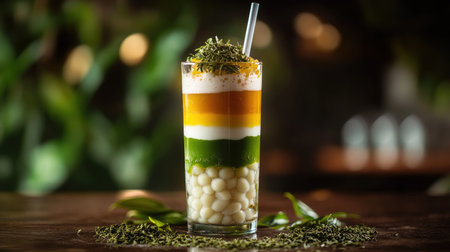 Bubble tea in a tall glass with layers of matcha and milk, chewy tapioca pearls, and a straw, on a wooden surface with green tea leaves scattered aroundの素材