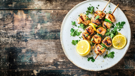Close-up of grilled tandoori chicken skewers, garnished with lemon slices and cilantro, on a white ceramic plate with a rustic backgroundの素材