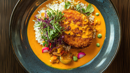 A vibrant plate of curry rice topped with a perfectly fried tonkatsu, surrounded by colorful garnishes, highlighting the delicious harmony of flavors in Japanese cuisineの素材