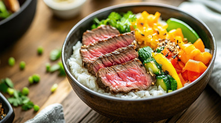A warm and inviting image of a steak rice bowl set on a wooden table, featuring succulent beef slices over rice, complemented by colorful vegetable garnishesの素材